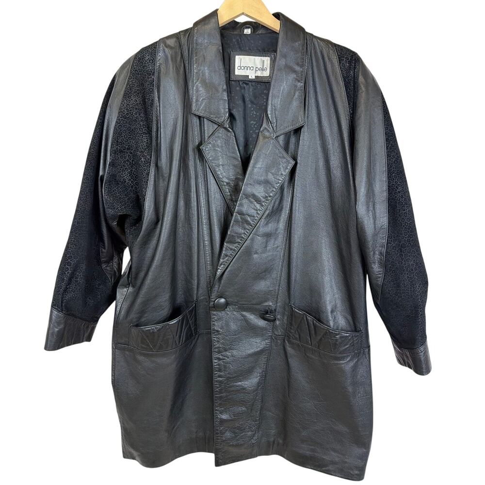 Vintage Donna Pelle Black Oversized Double Breasted Leather Duster Coat L